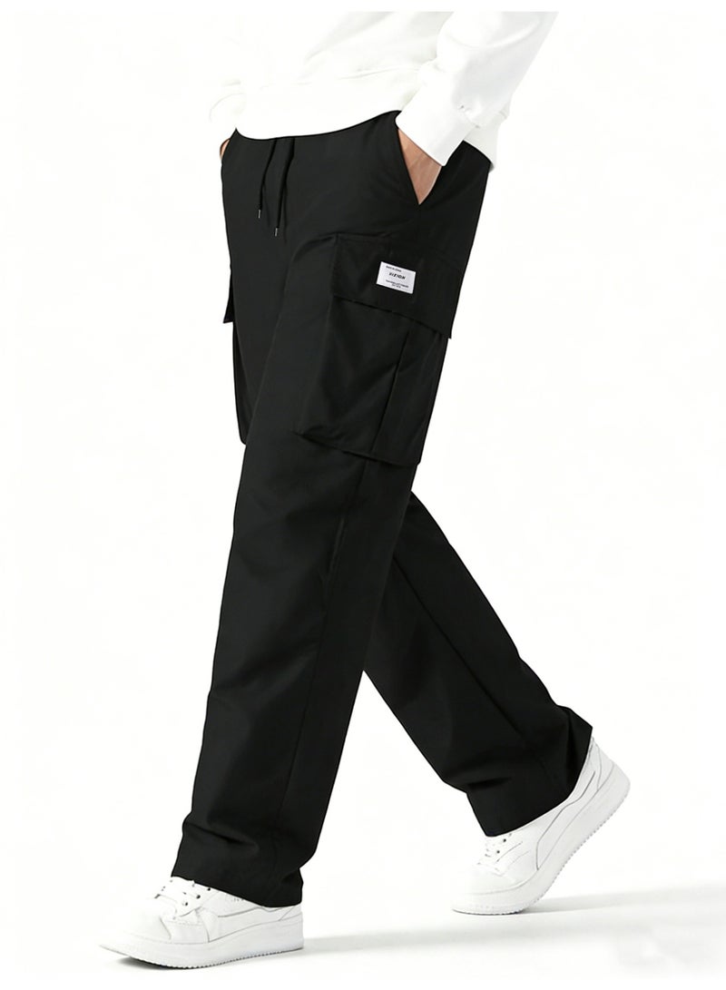 Men's Black Wide Leg Cargo Pants Multi Pocket Loose Fit Drawstring Casual Trousers - Image 3